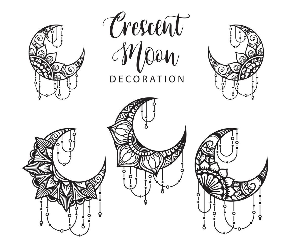 Crescent moon coloring page, moon decoration element collection vector