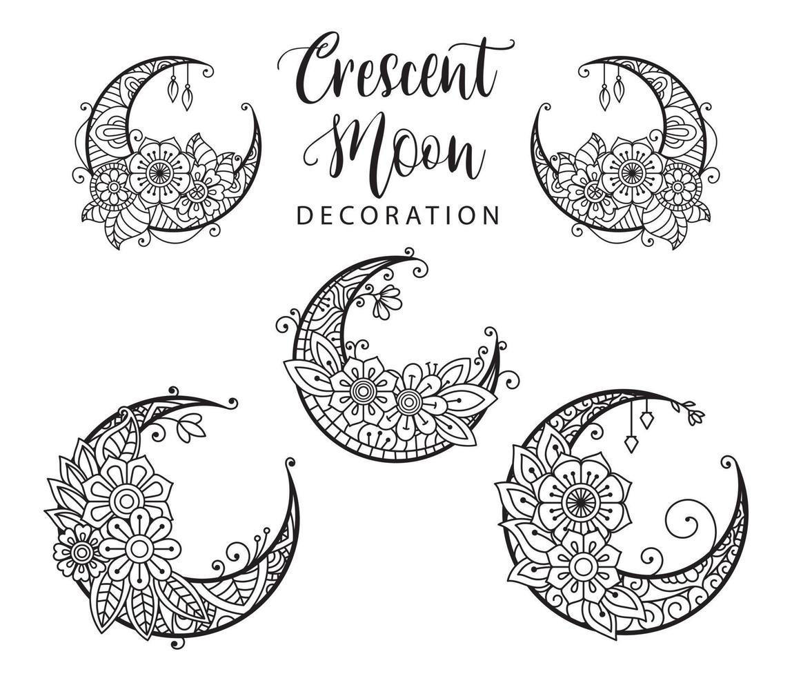 Crescent moon coloring page, moon decoration element collection vector