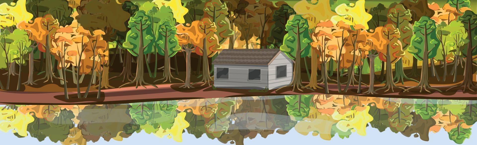 bosque de otoño realista, casa junto al lago - vector