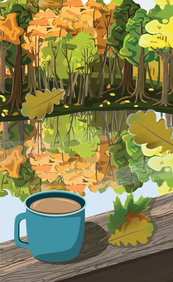 Mug of coffee on the background of the autumn forest - Vector