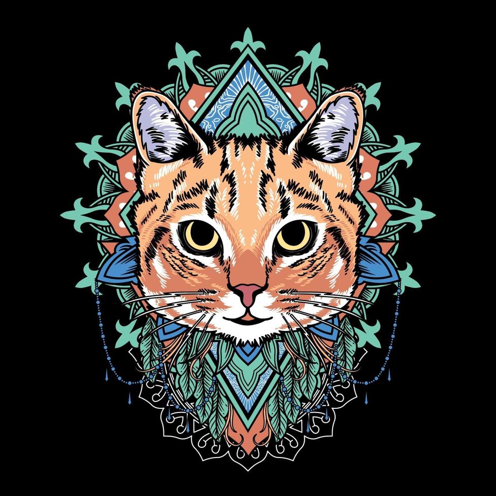 ilustración gráfica vectorial mandala de gato dibujos animados mandala retro vintage vector