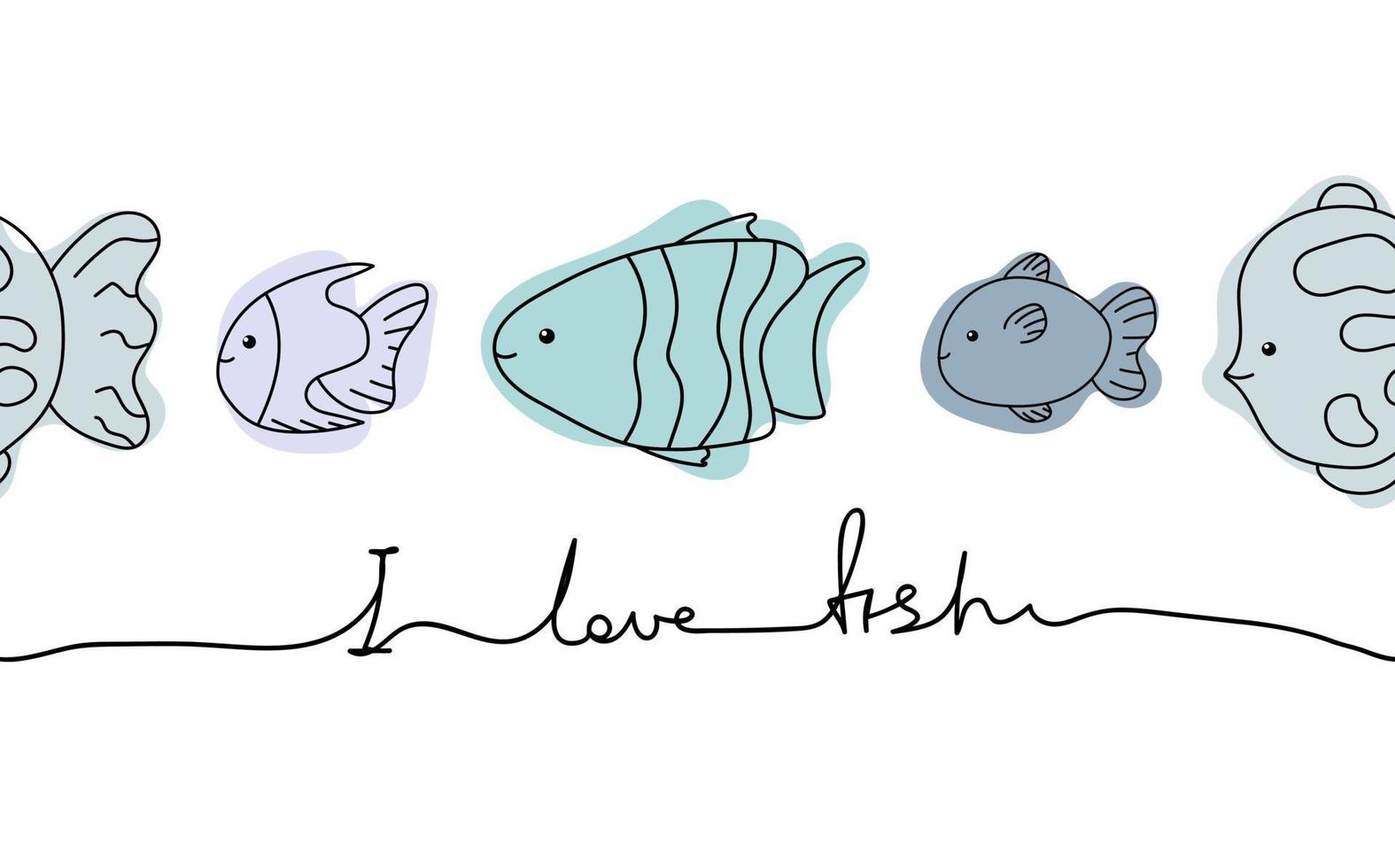 texto lindo me encanta el pescado establece la línea del doodle. colección de acuarios marinos. vector