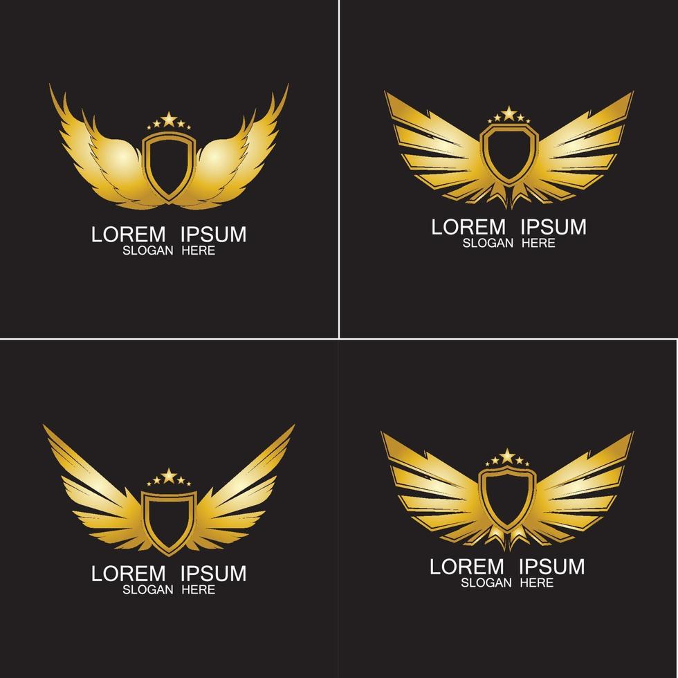 Ilustración de vector de símbolo de diseño de logotipo de oro escudo alado