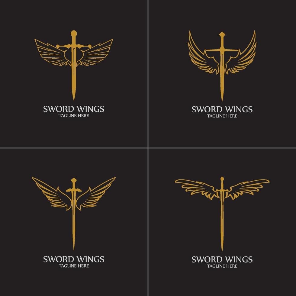 Sword with Wings. Golden Sword Symbol on Black Background. vector