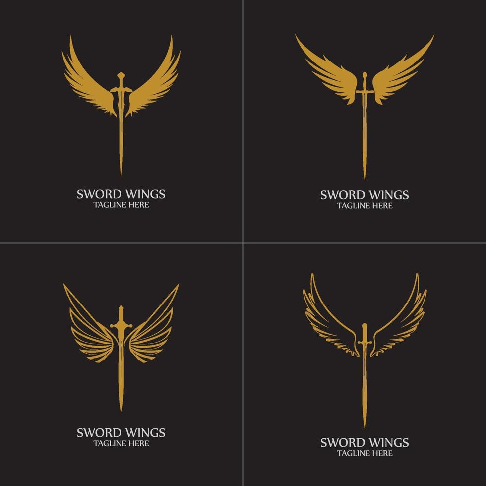 Sword with Wings. Golden Sword Symbol on Black Background. vector