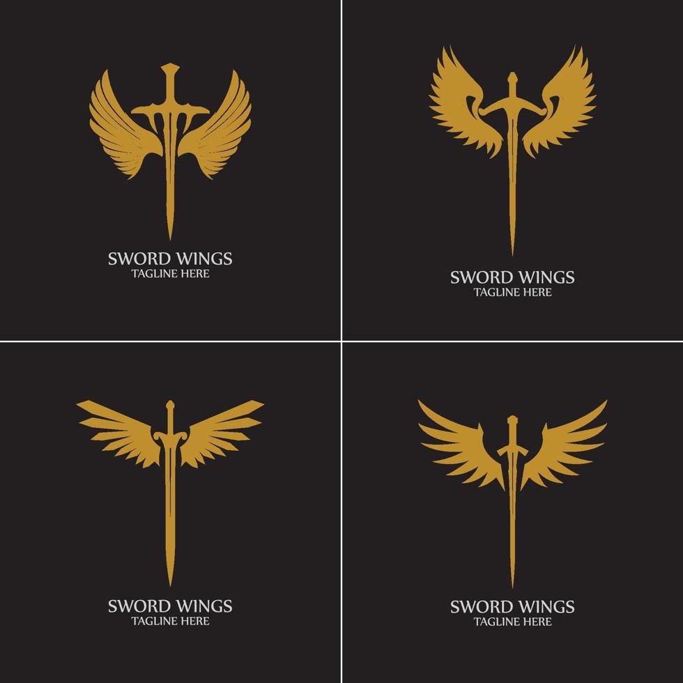 Sword with Wings. Golden Sword Symbol on Black Background. vector