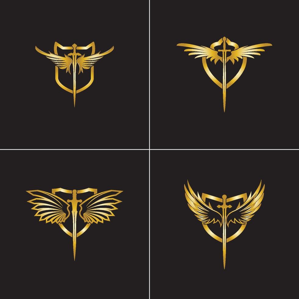 Gold winged sword with shield vector icon.