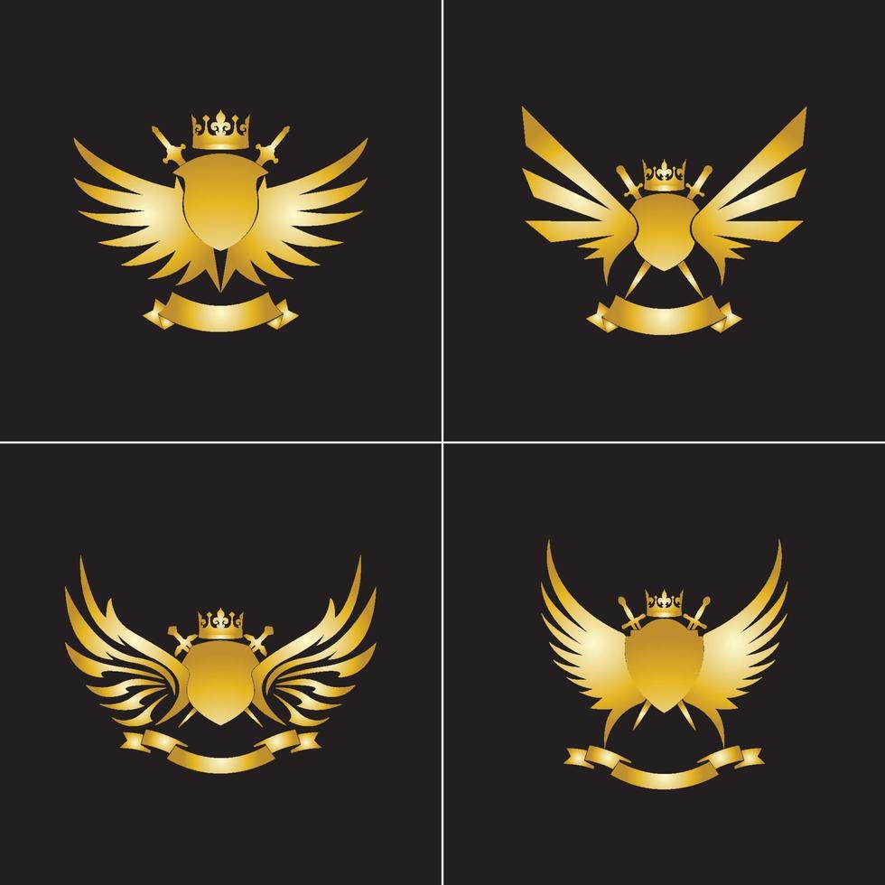 Heraldic Composition with crown, swords, wings, shield and ribbon. vector
