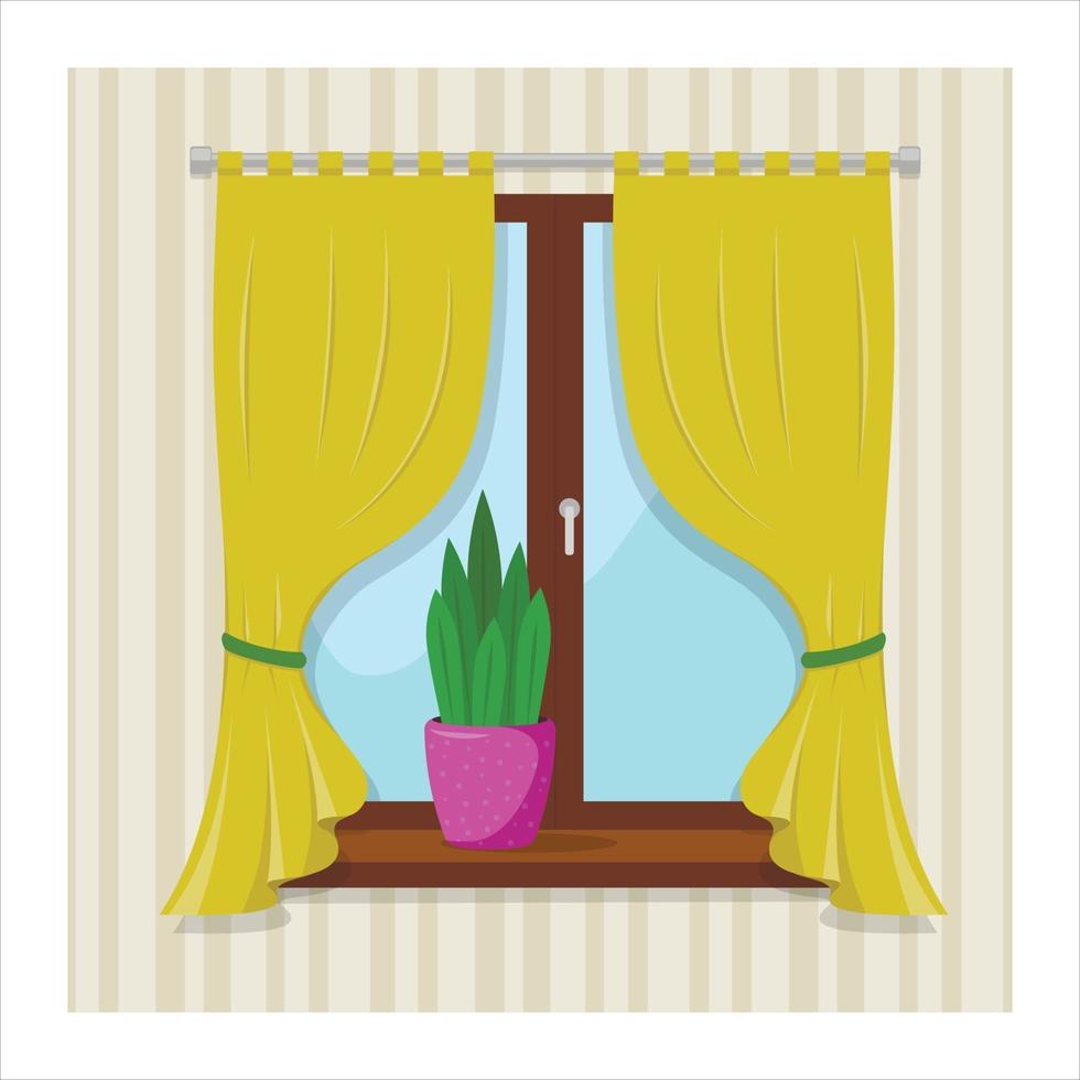 Ventana con dos cortinas amarillas y una planta en el alféizar de la ventana. vector