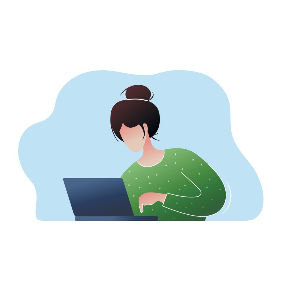 Woman works on laptop at home vector