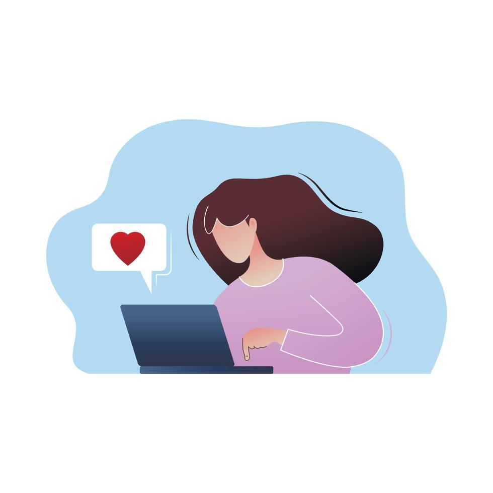 una mujer trabaja en una computadora portátil, envía un mensaje con amor vector