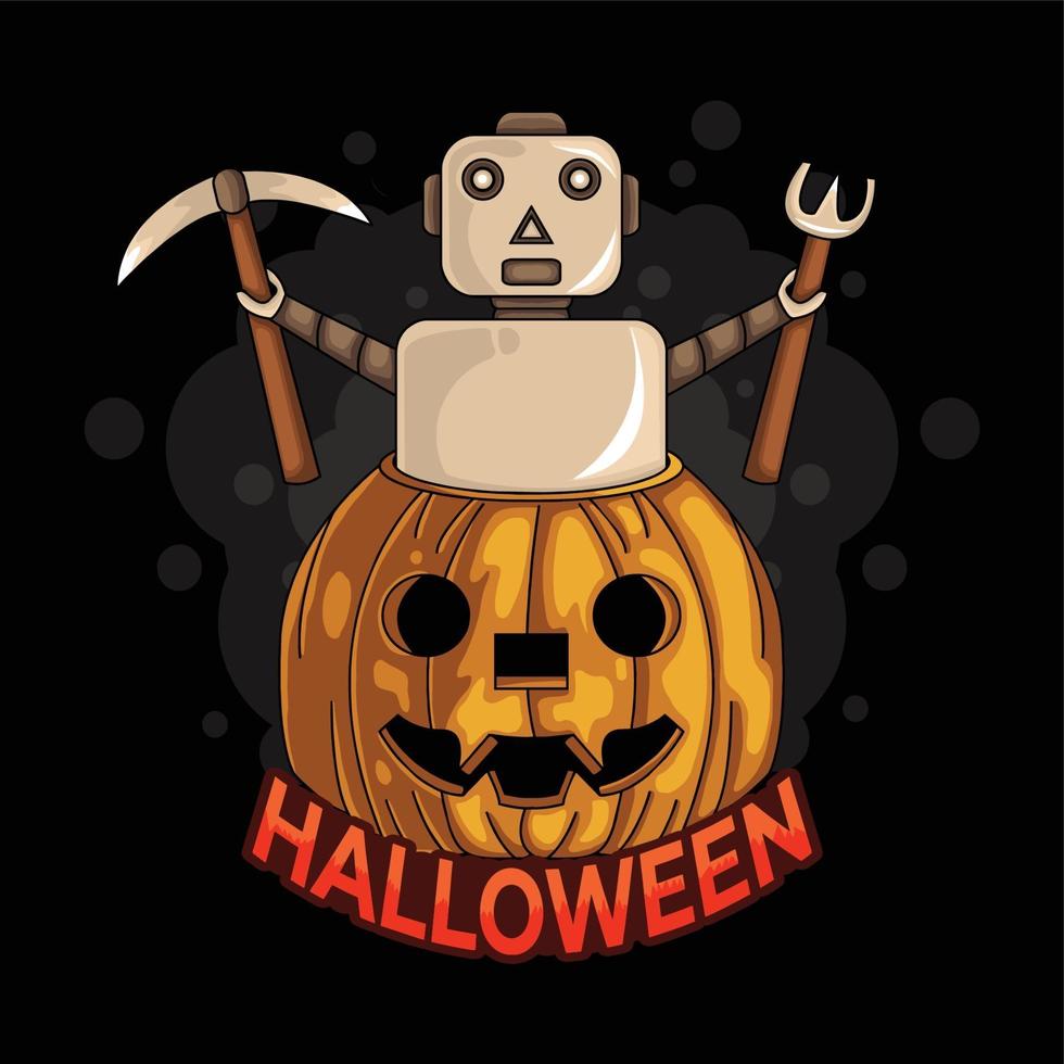 Halloween robot with tools appear from the pumpkin vector