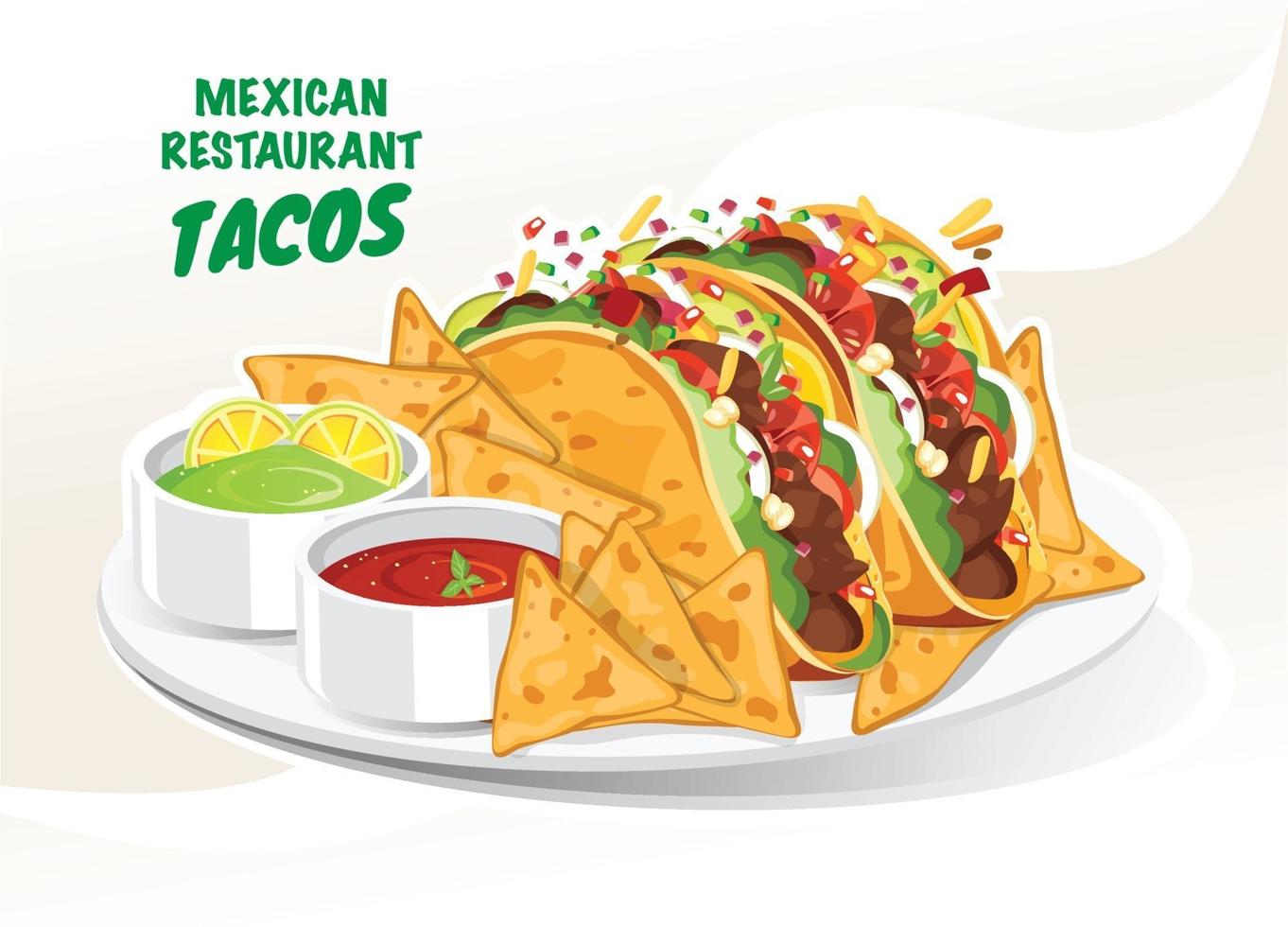 Tacos in corn tortilla, Nachos in a plate with sauce Vector