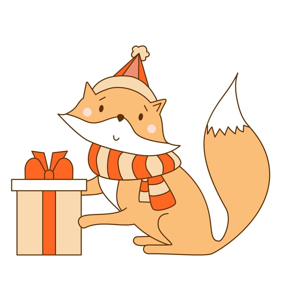 Winter Fox in scarf and hat With gift. Cute wild animal vector