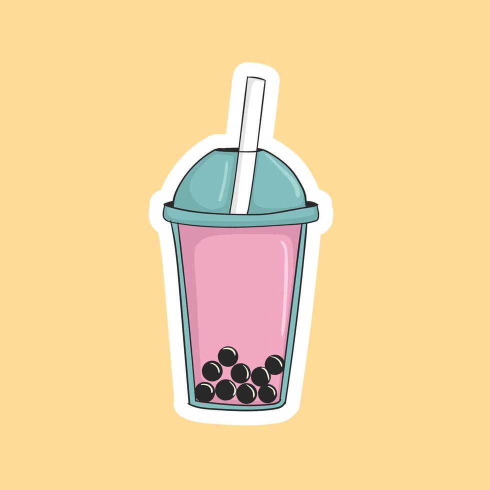 colorful hand drawn boba drink stickers vector