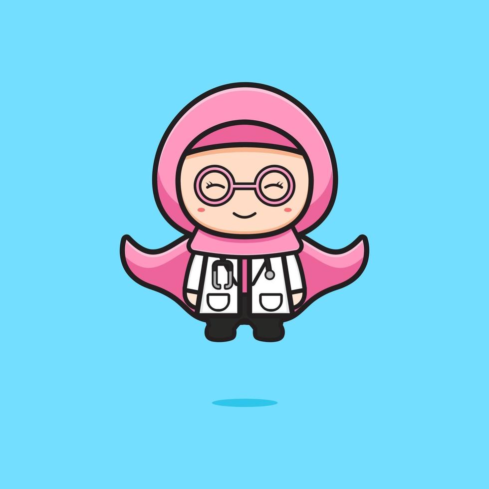 Cute muslim doctor super hero cartoon icon illustration vector