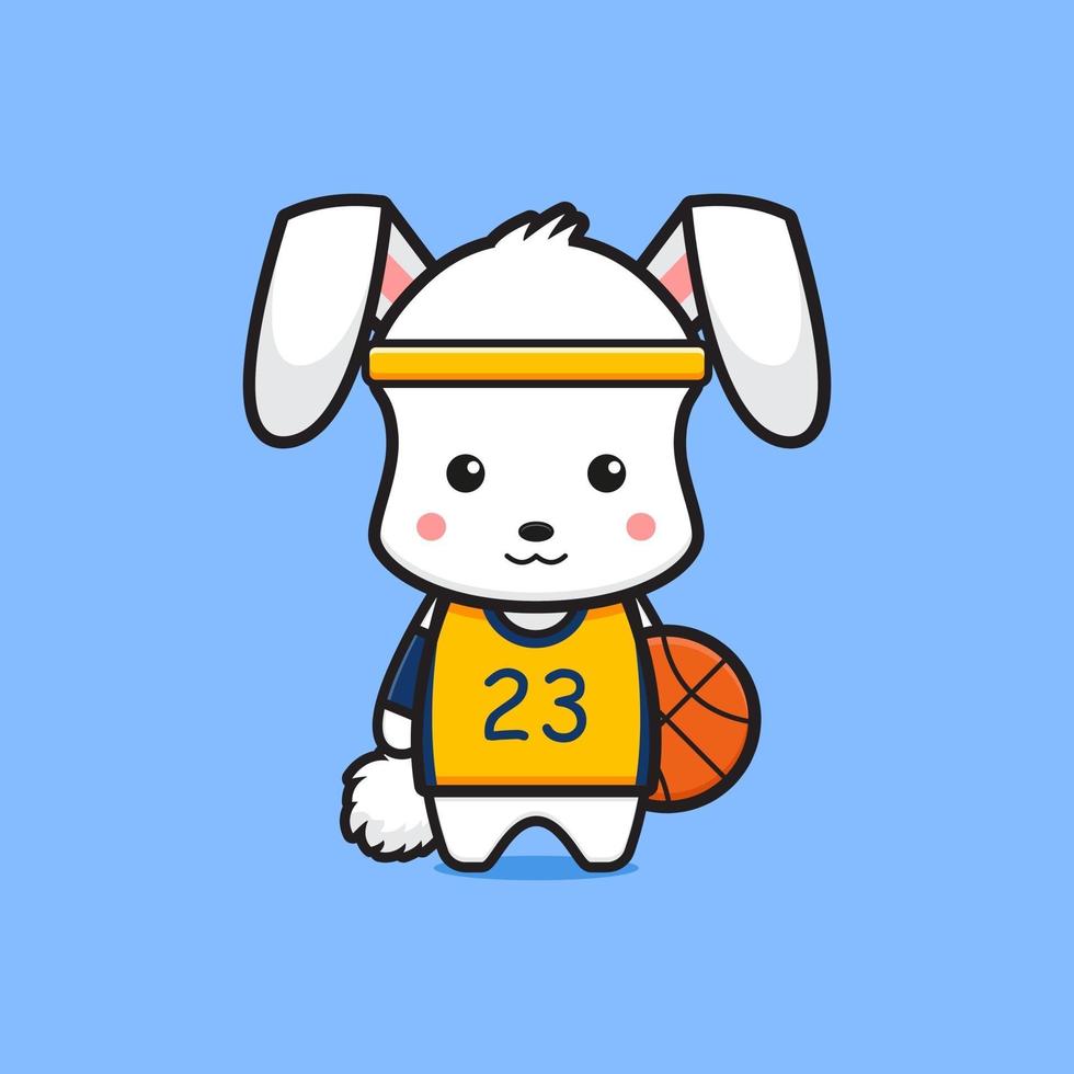Cute rabbit basketball player cartoon icon illustration vector