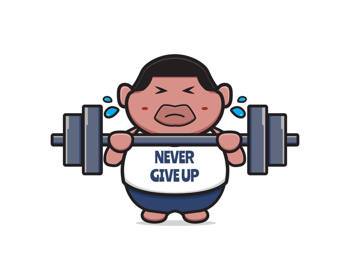 Cute fat boy do weight lifting never give up cartoon icon illustration vector