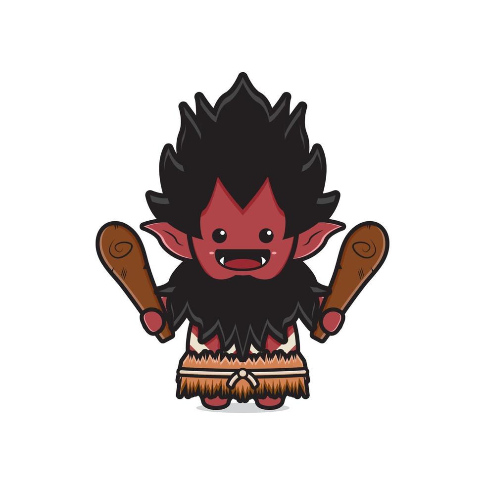 Cute orc holding club wooden cudgel cartoon icon illustration vector