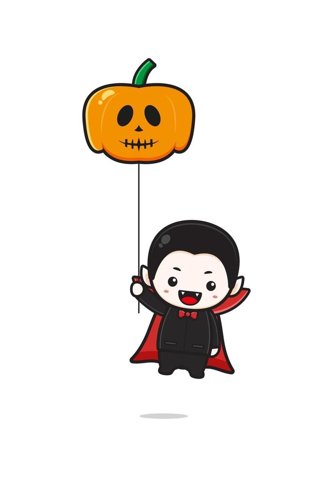 Cute dracula holding pumpkin balloon cartoon icon illustration vector