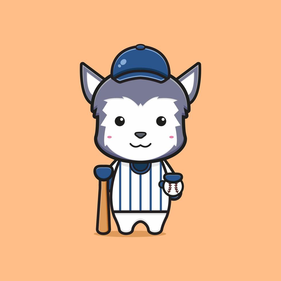 Cute wolf baseball player cartoon icon illustration vector