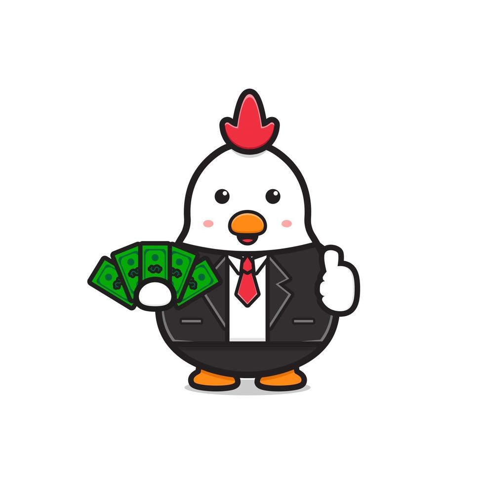 lindo pollo jefe sosteniendo dinero dibujos animados icono ilustración vector