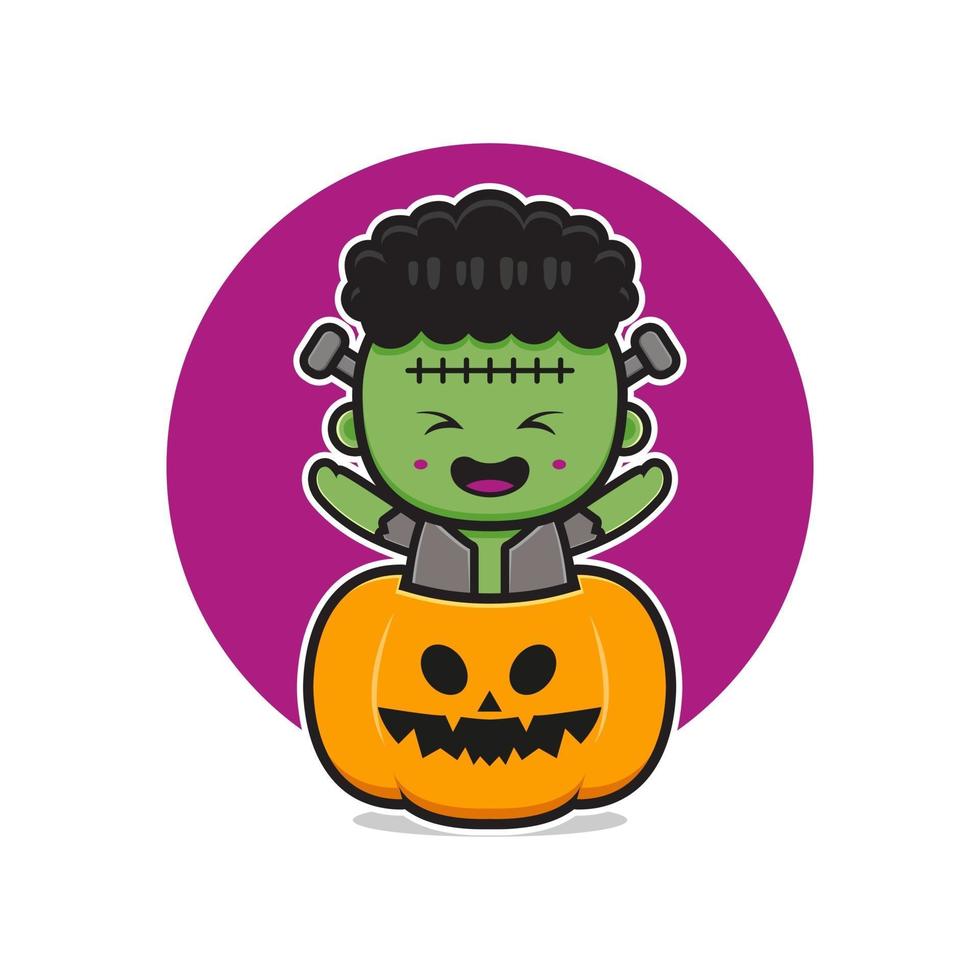 Cute frankenstein with pumpkin halloween cartoon icon illustration vector
