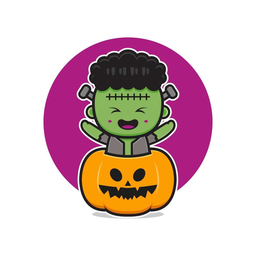 lindo, frankenstein, con, calabaza, halloween, caricatura, icono, ilustración vector