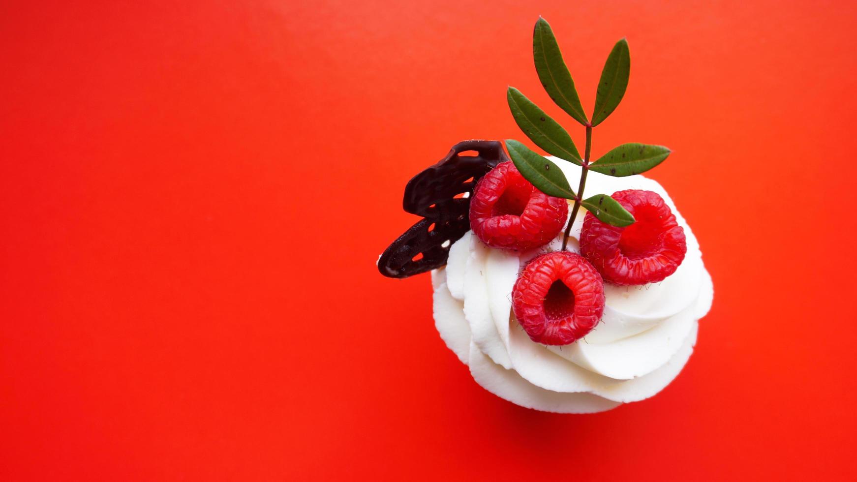 Sweet dessert, cupcake with butter cream and raspberry on red photo