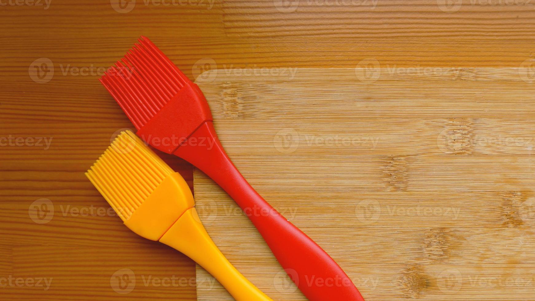 Empty cutting board on planks food background concept photo