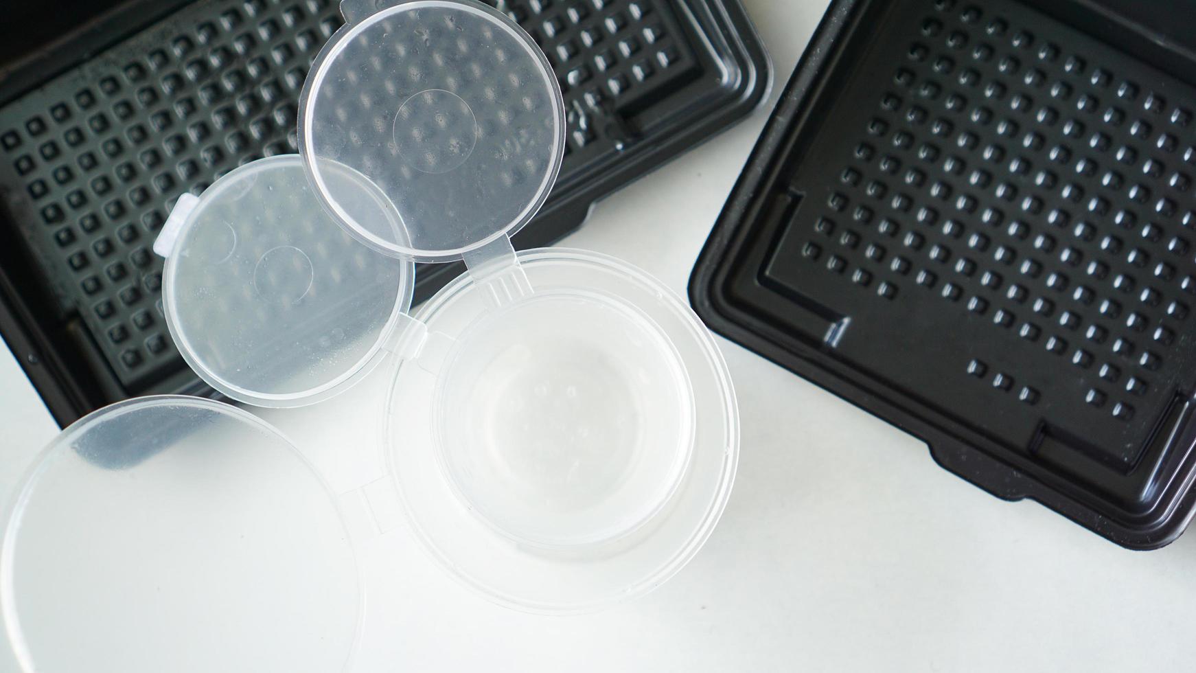 Empty plastic containers for sushi set. Take away lunch box photo