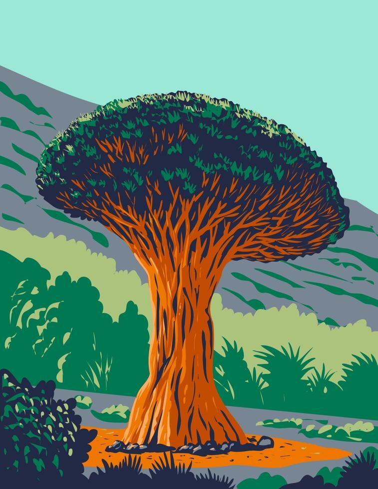 El Drago Milenarioor Dragon Tree in Tenerife Spain WPA Poster Art vector