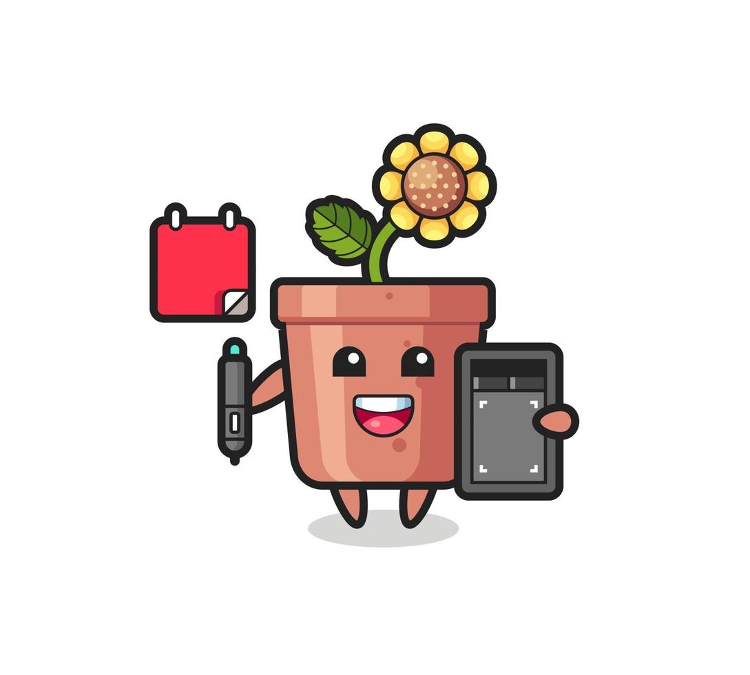 Illustration of sunflower pot mascot as a graphic designer vector