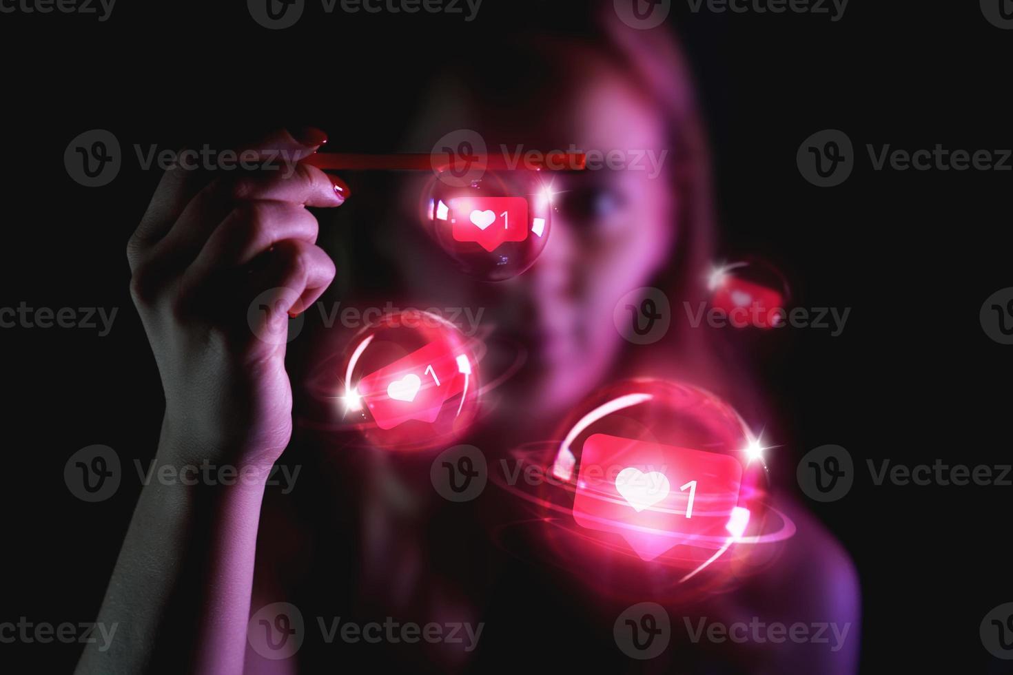 Charming woman with signs in form of like photo