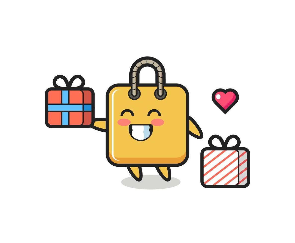 shopping bag mascot cartoon giving the gift vector