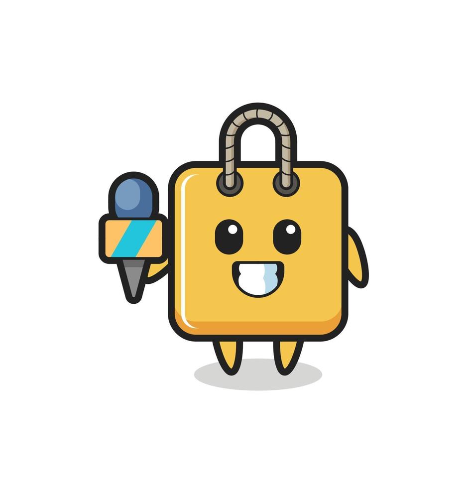 mascota de personaje de bolsa de compras como reportero de noticias. vector