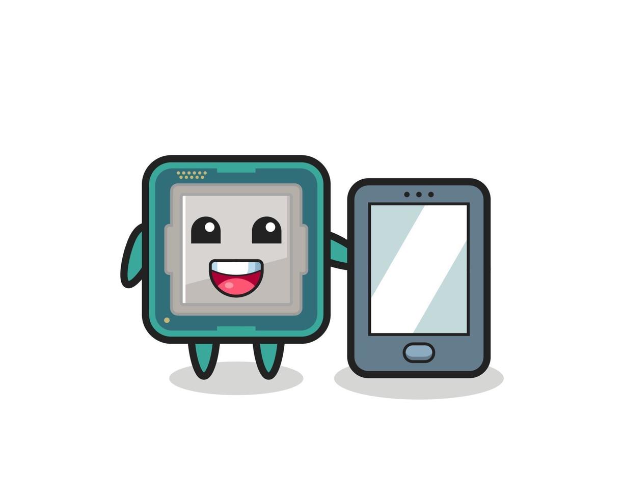 caricatura de ilustración de procesador sosteniendo un teléfono inteligente vector