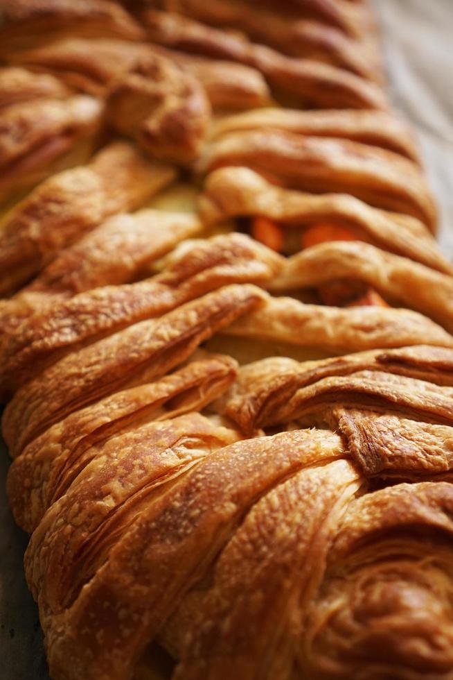 Meat pie with puff pastry. Beautiful golden crust. Tasty Lunch photo