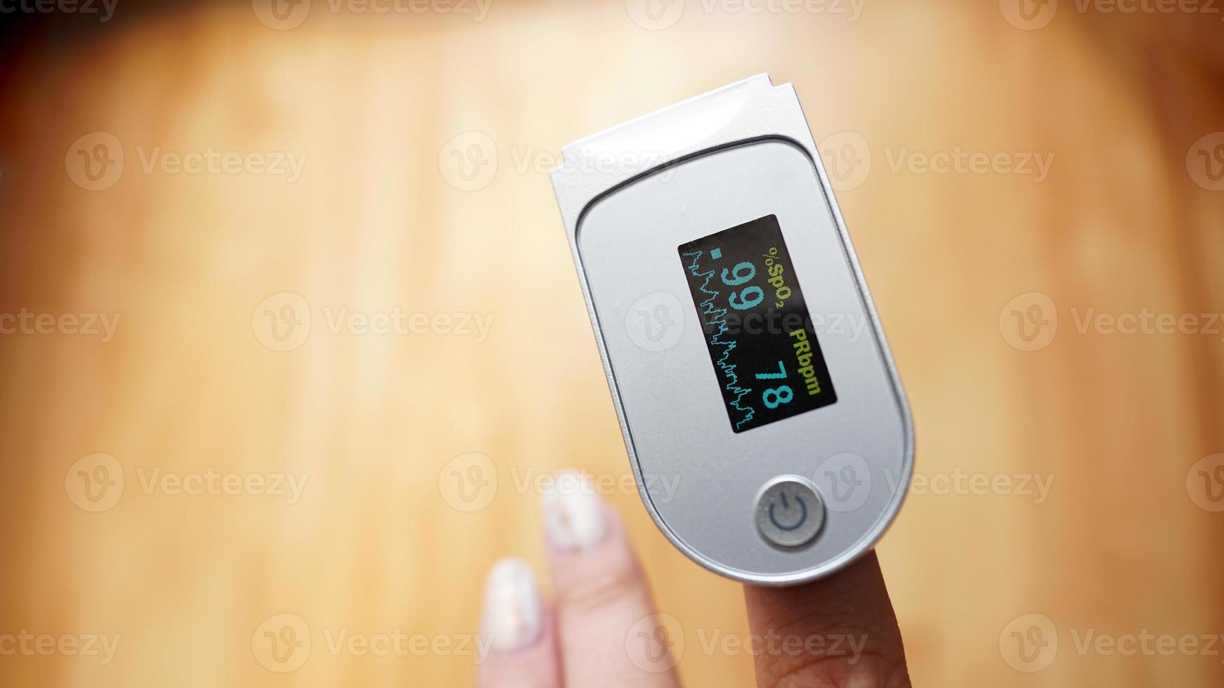 Pulse oximeter on finger showing oxygen saturation and heart rate photo