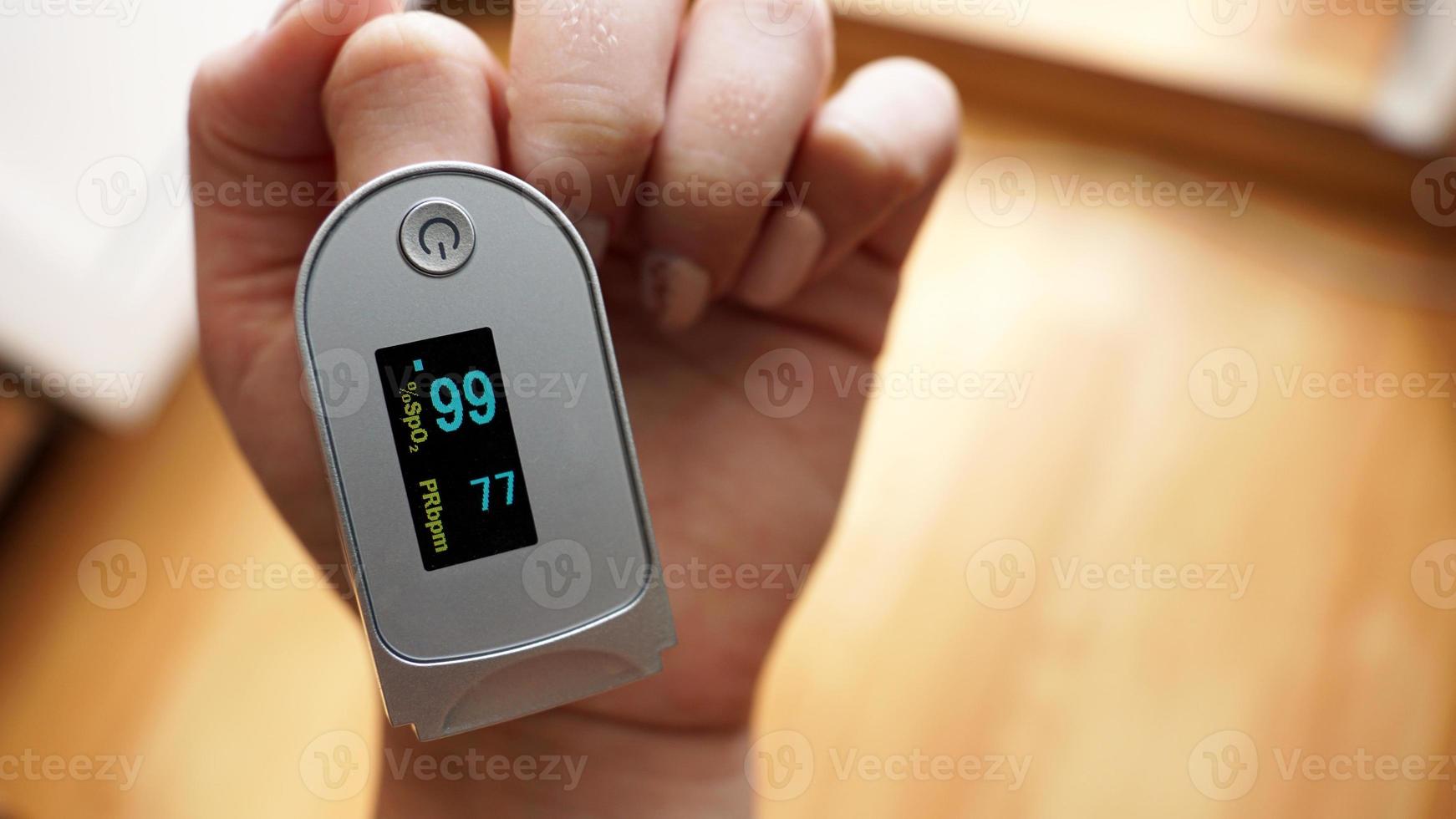 Pulse oximeter on finger showing oxygen saturation and heart rate photo