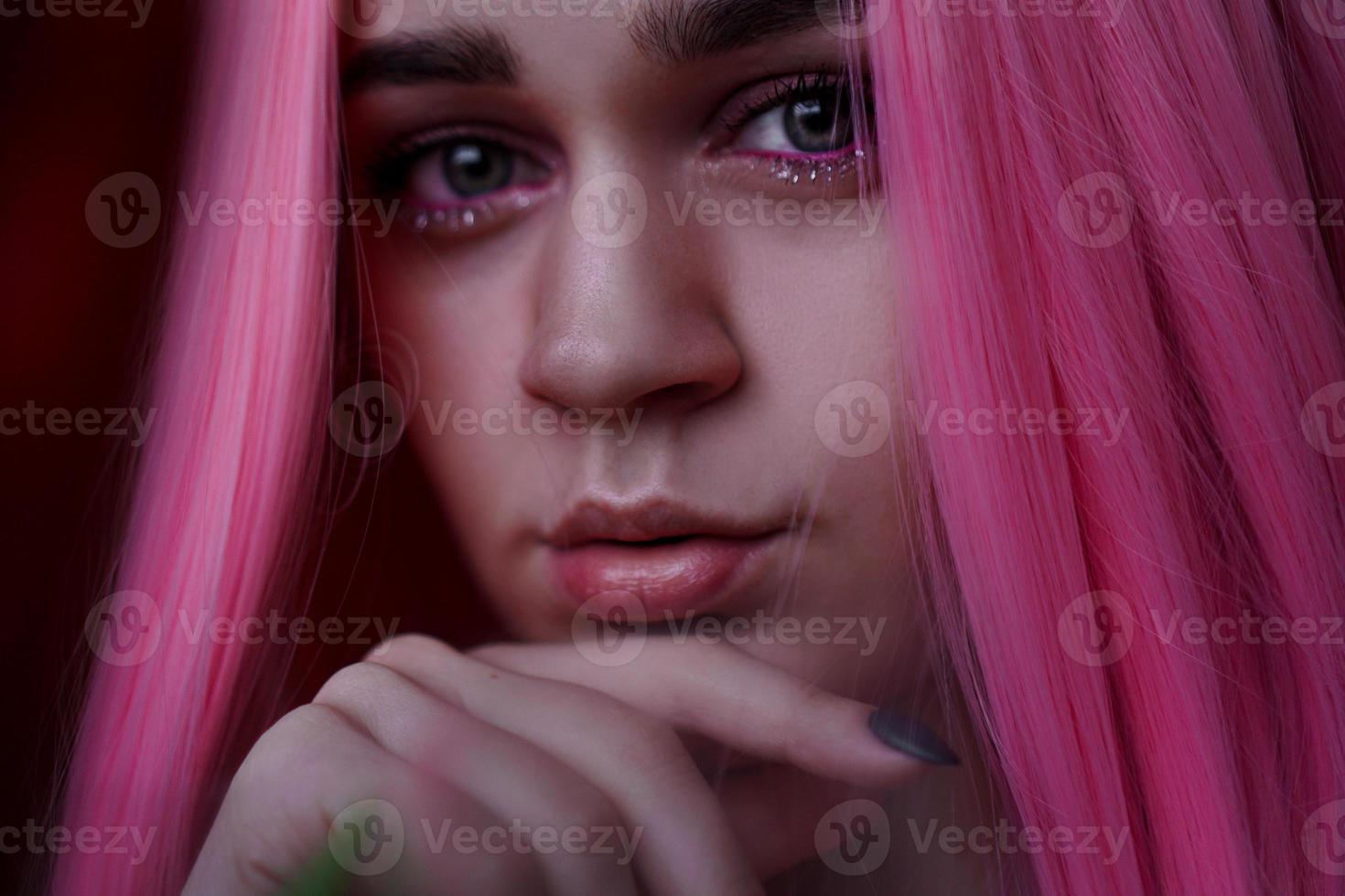 Beauty Fashion Model Girl with Pink Hair. Colourful Hair photo