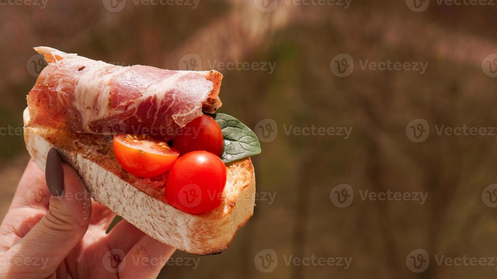 Woman's hand with cherry tomato bruschetta. Italian wine appetizer photo