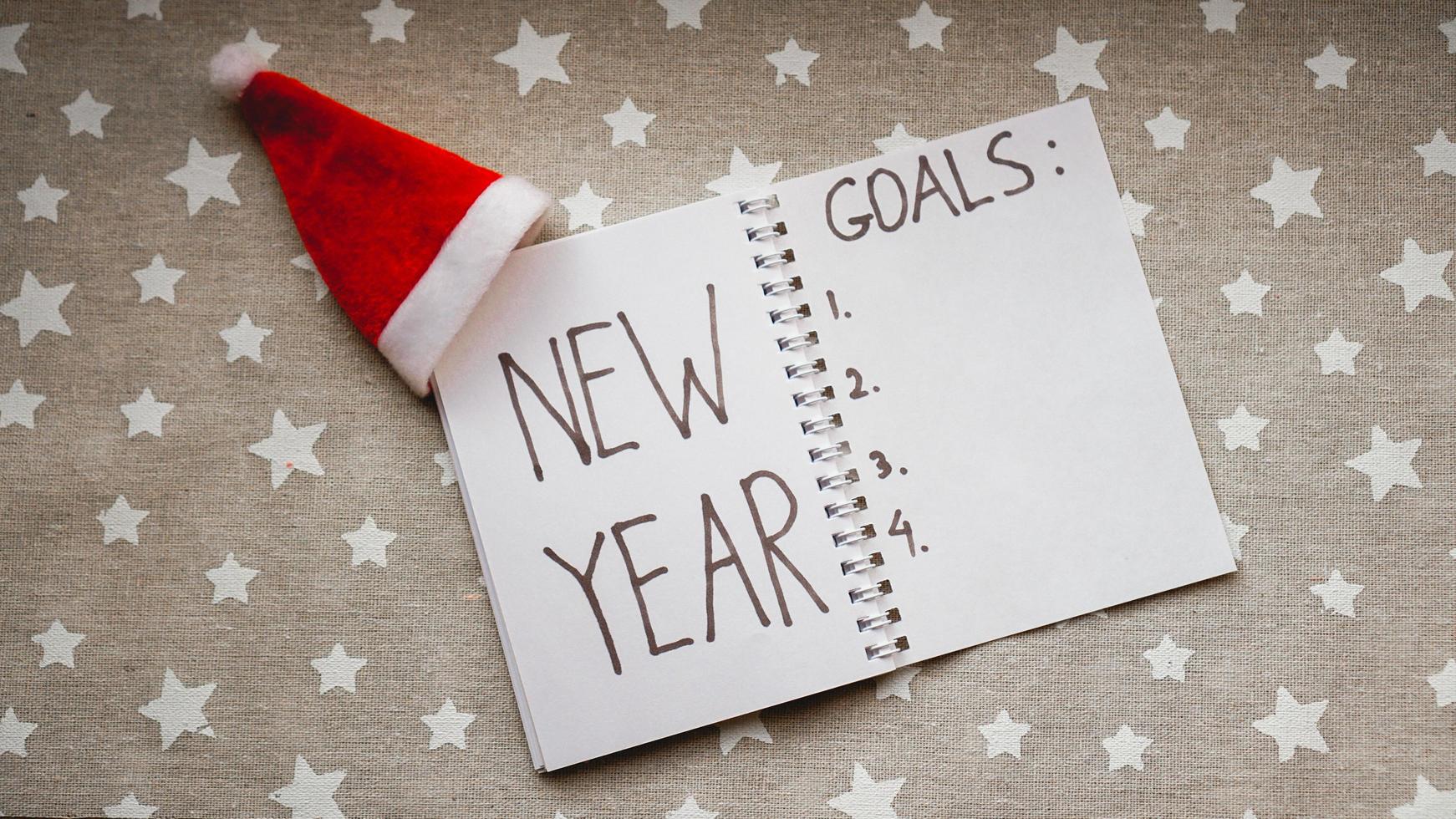 Notebook is with New year goals text photo