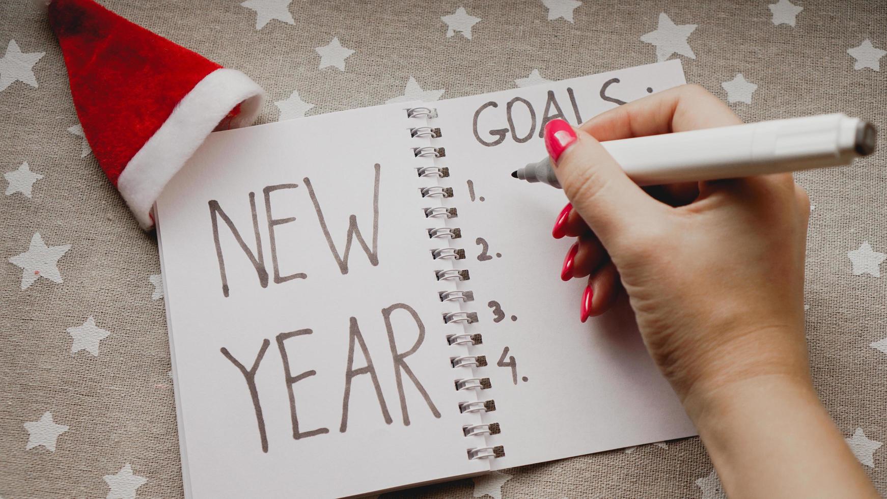 Notebook is with New year goals text with hand photo