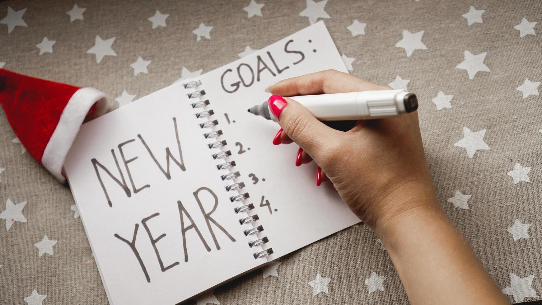 Notebook is with New year goals text with hand photo