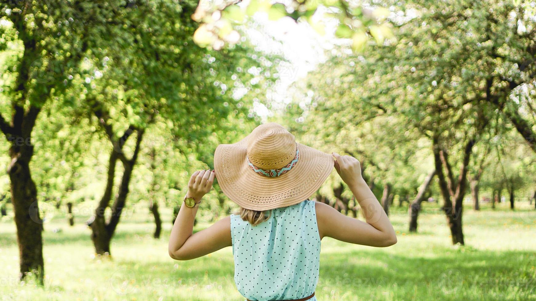 mujer joven, en, sombrero de paja, en, soleado, jardín foto