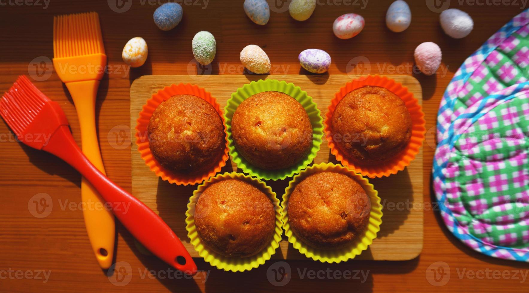 Mini Cakes Decorated with Eggs, Easter Dessert photo