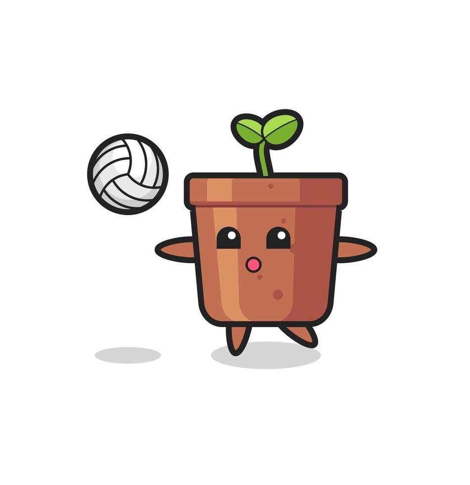 personaje de dibujos animados de maceta está jugando voleibol vector