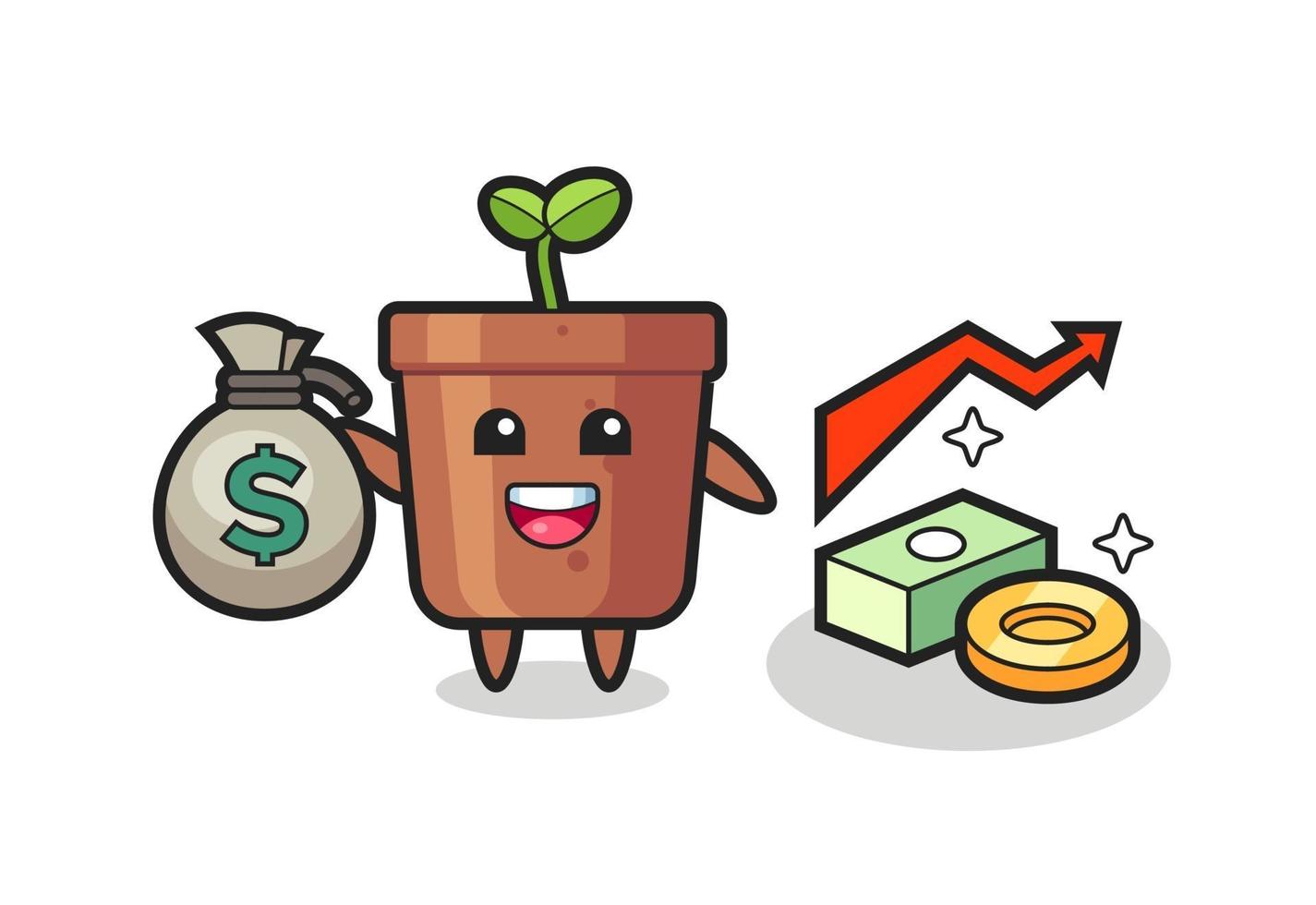 plant pot illustration cartoon holding money sack vector
