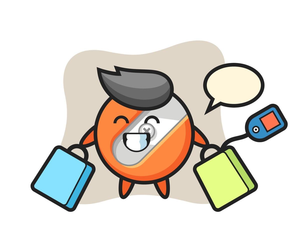 pencil sharpener mascot cartoon holding a shopping bag vector